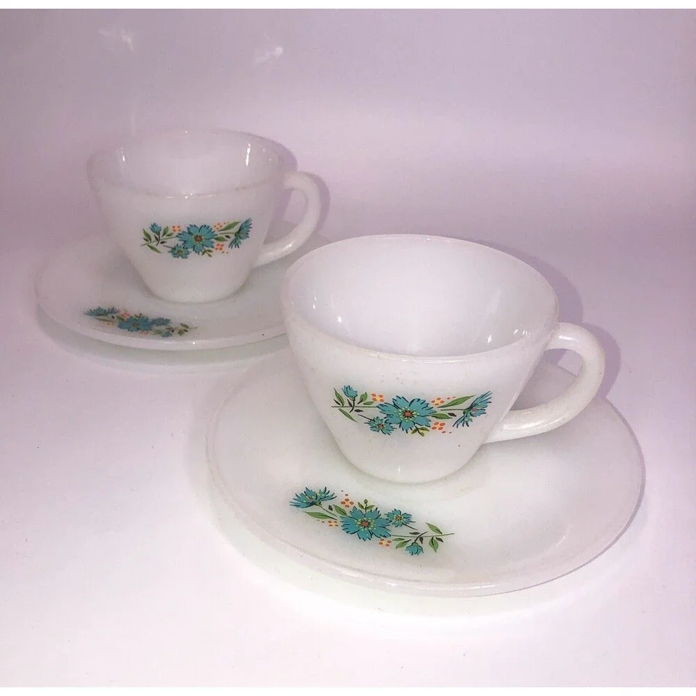 Vtg Fire King Bonnie Blue Carnation Cup Saucer Set 2 Coffee Tea MCM Milk Glass